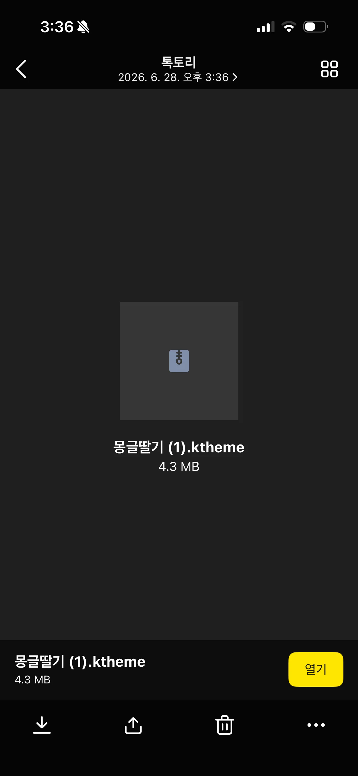 아이폰에서 카카오톡 테마 파일의 열기 버튼을 누르는 화면
